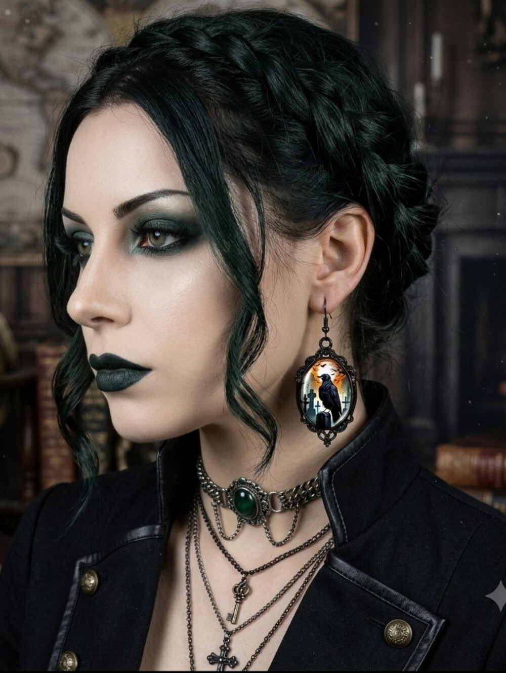 Gothic‎ Funky Raven Cameo Black Frame Alloy & Iron Ear Hooks Inlay Earrings